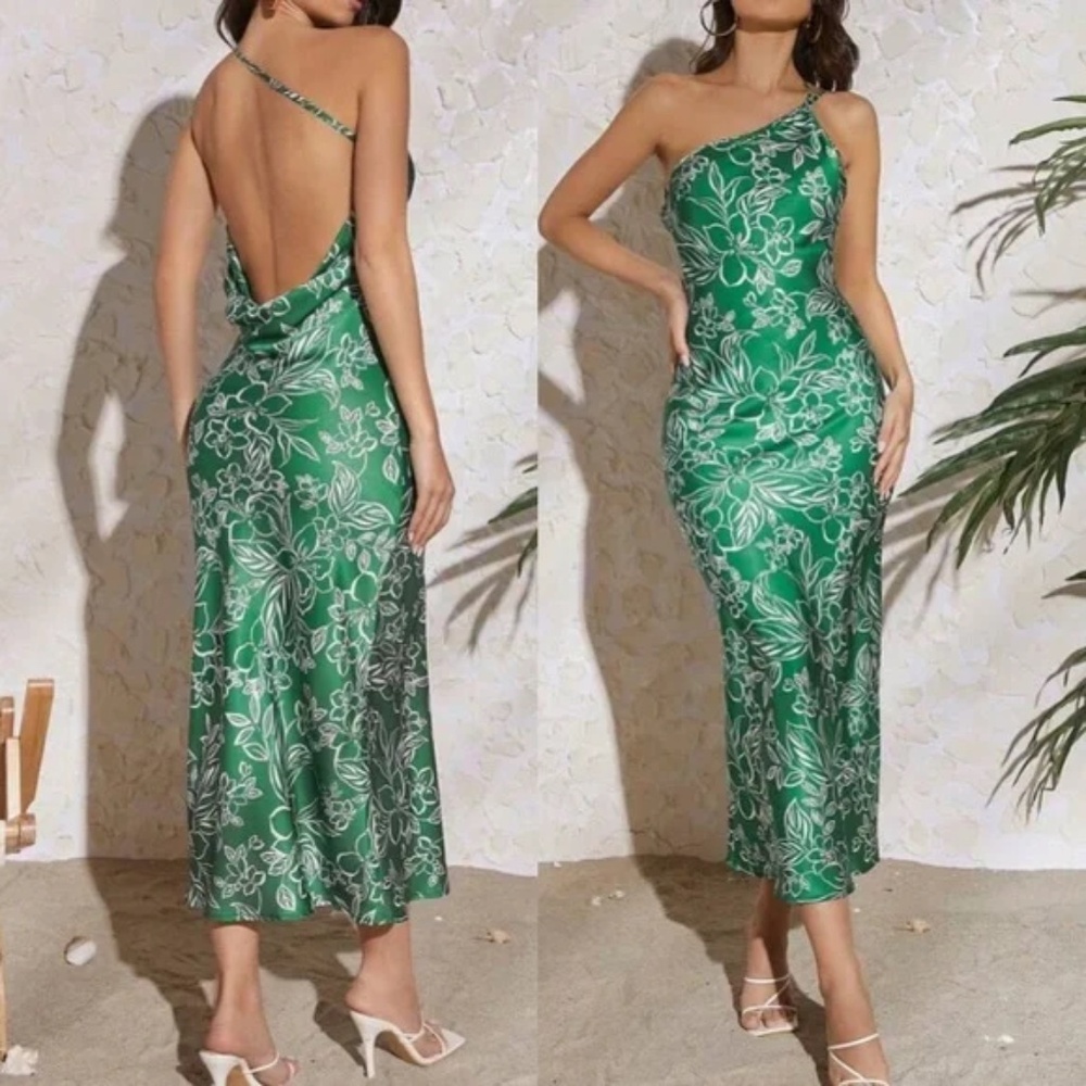 Luxe Green Floral Print One Shoulder Sexy Dress